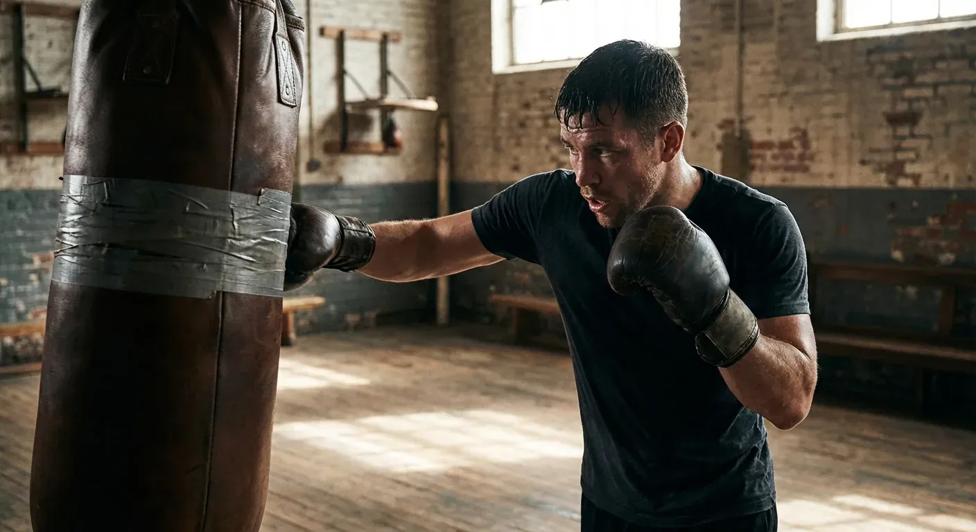 Boxer training on heavy bag with dramatic gym lighting