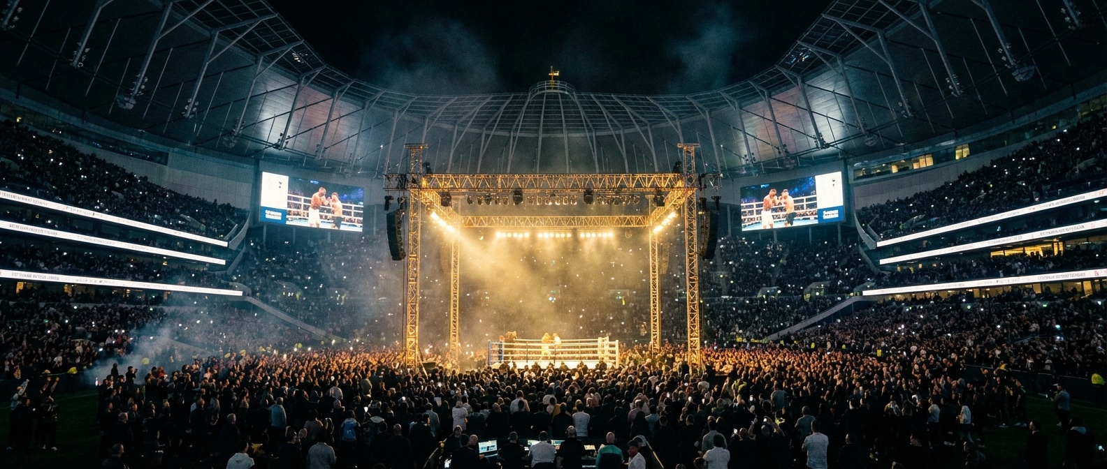 Stadium boxing arena at night with ring lights illuminating a sold out crowd