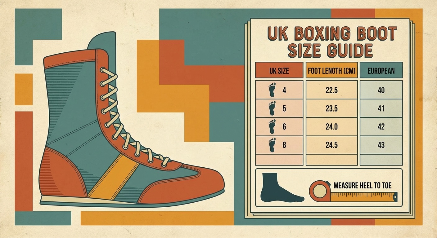 UK sizing chart with boxing boots in mid-century modern illustration style