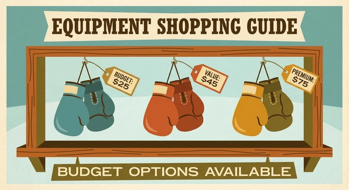 Beginner boxing gloves lined up in a gym, showing different sizes and wrist closures