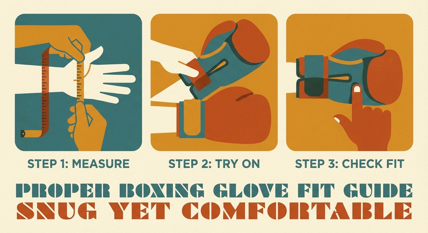 Hands trying on boxing gloves for proper fit in mid-century modern illustration style