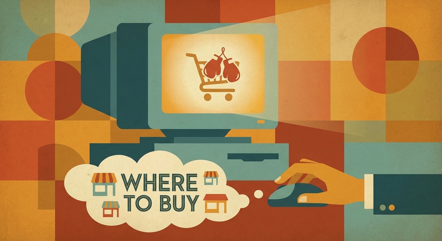 Online shopping for boxing gloves in mid-century modern illustration style