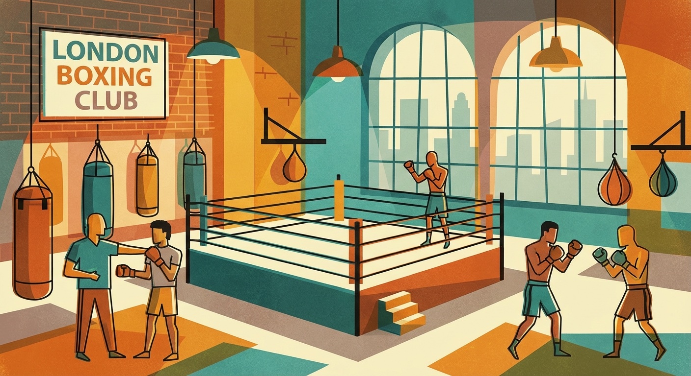 London boxing gym interior in mid-century modern illustration style