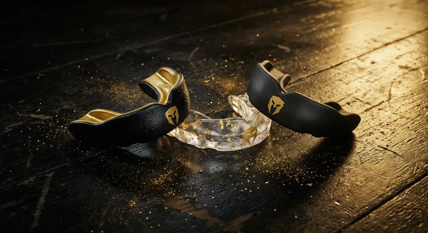 A selection of boxing mouthguards laid out on a dark gym surface