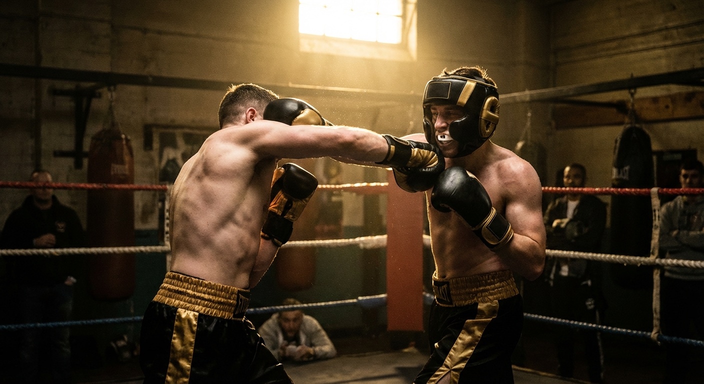 Boxer during sparring wearing headguard and gumshield in a dark training gym