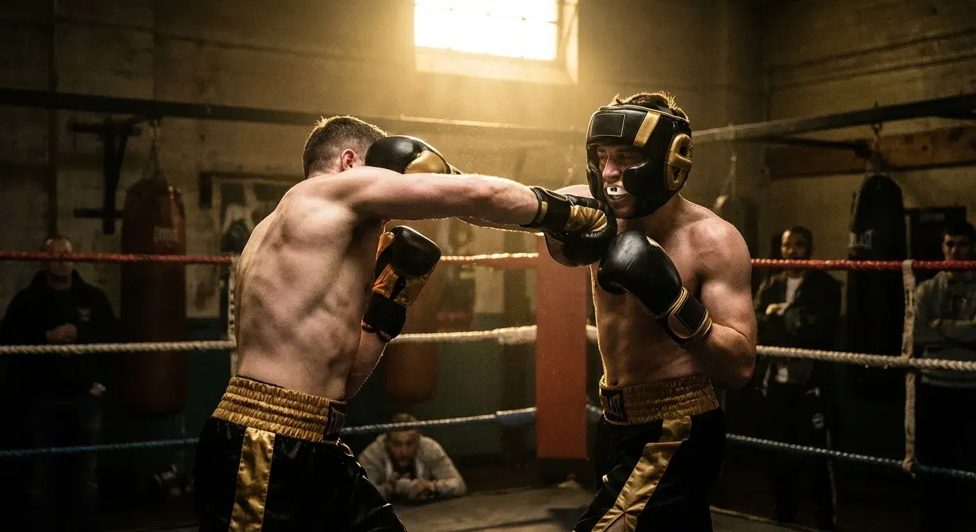 Boxer during sparring wearing headguard and gumshield in a dark training gym