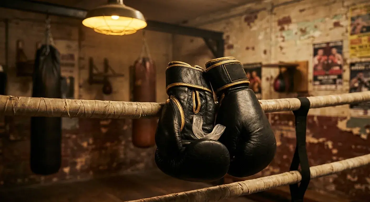 Close-up of a boxer's gloves and gumshield resting on the ring ropes in a gold-lit boxing gym
