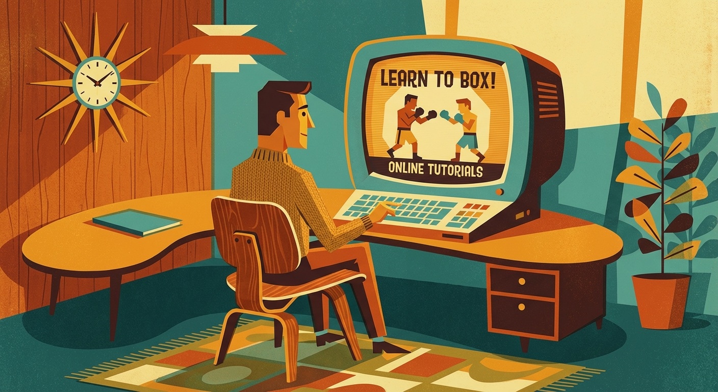 Person watching boxing tutorials on computer in mid-century modern illustration style
