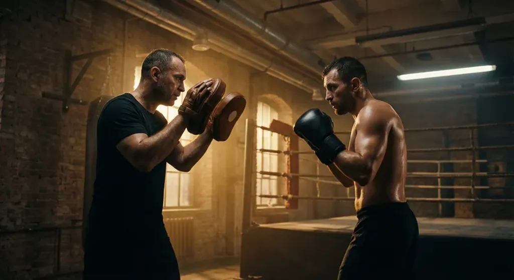 Adult boxer working on pad drills in a community boxing gym