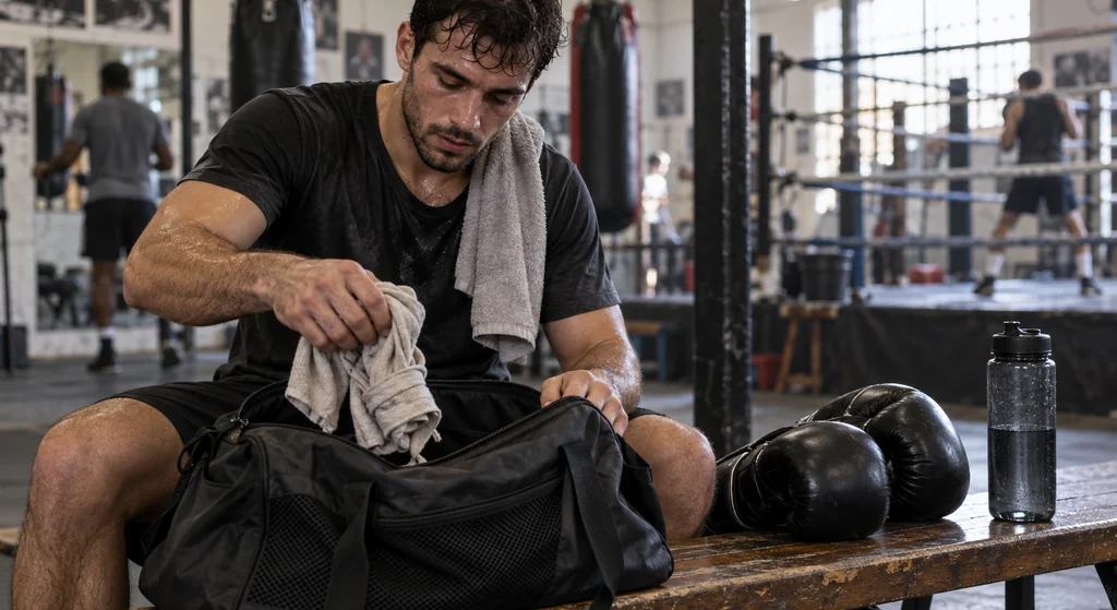 Boxer packing gloves, wraps, boots and a towel into a plain gym duffel before evening training