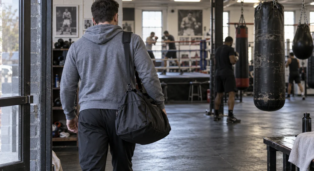 Boxing gloves and clean clothes kept separate from boots and damp wraps in a well organised duffel bag