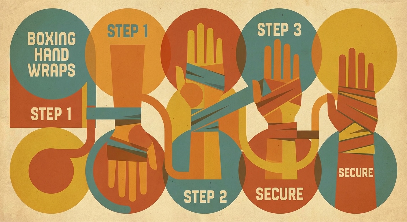 Hand wraps being wrapped around hands in mid-century modern illustration style