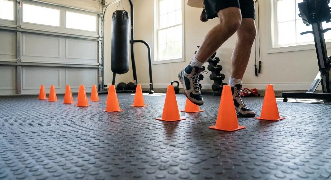 Boxer working through a fast footwork pattern on an agility ladder during boxing training
