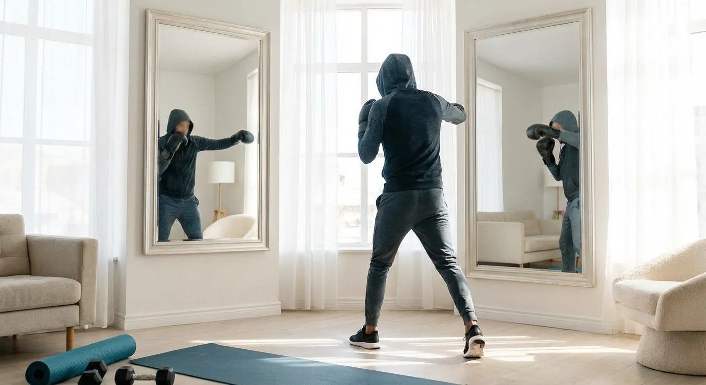 Boxer exiting an agility ladder into a pivot, staying in stance and ready to punch