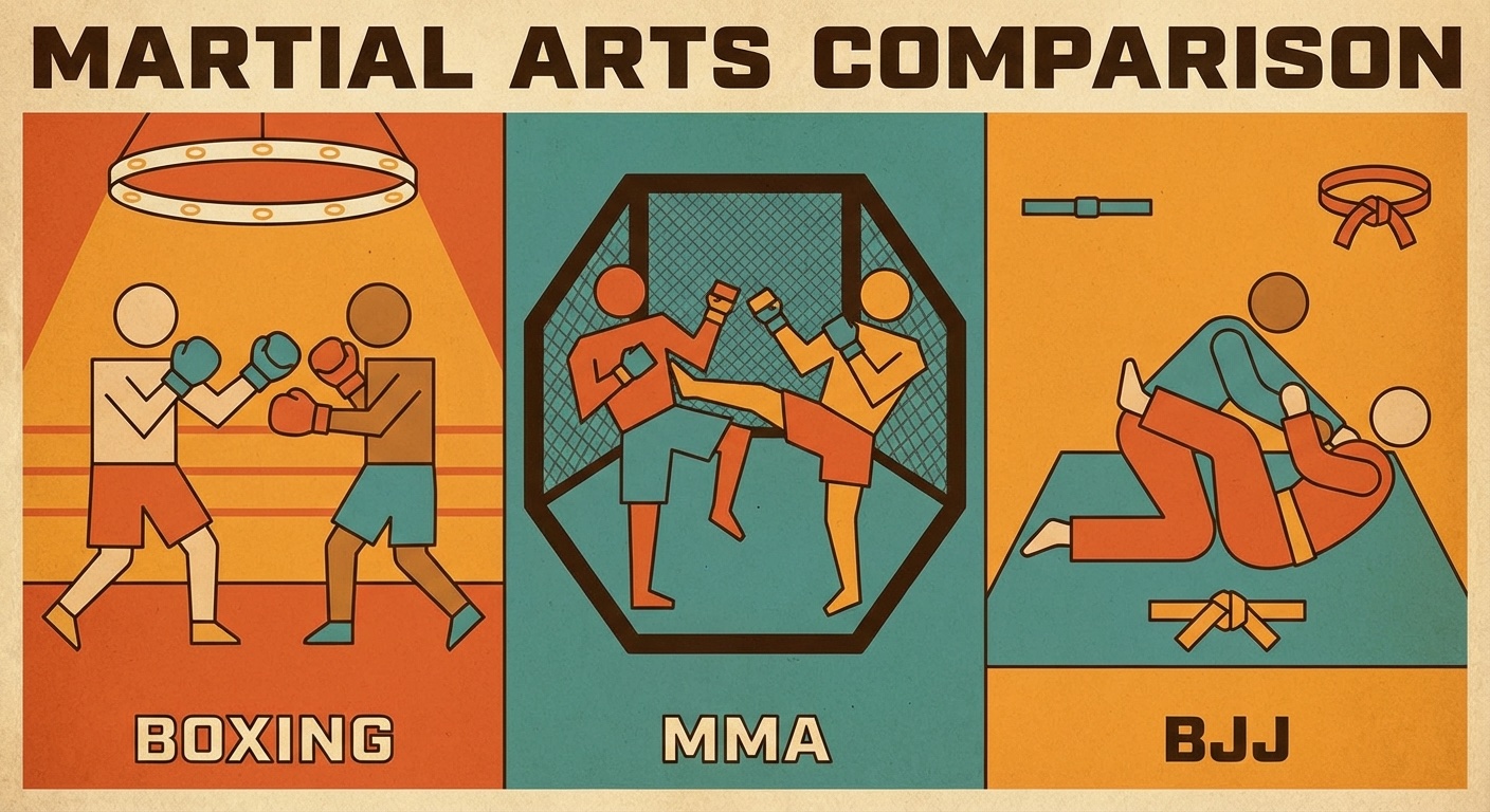 Different martial arts compared in mid-century modern illustration style