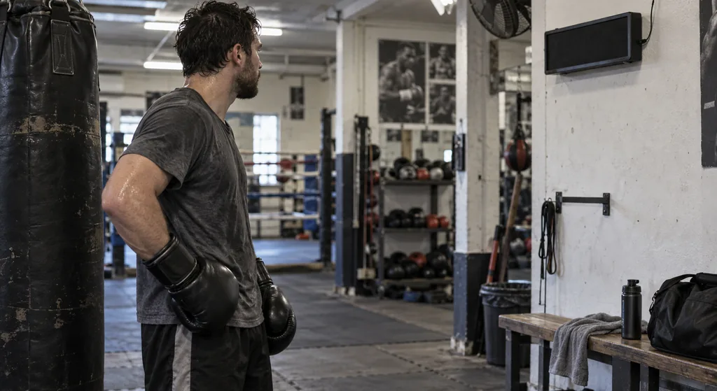 Coach watching adult boxers take a calm rest between rounds in a community boxing gym