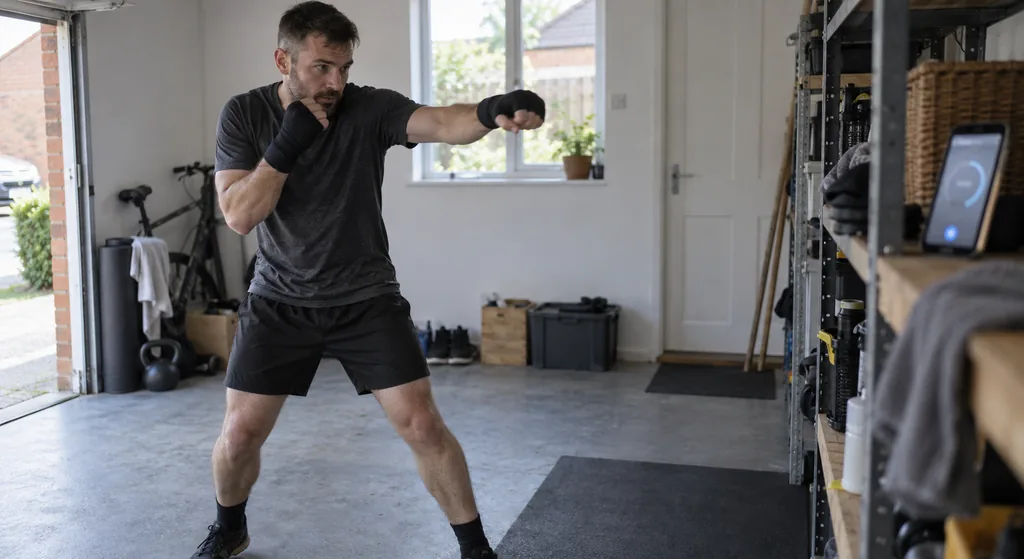Adult boxer resting beside a heavy bag and looking towards a wall timer between rounds