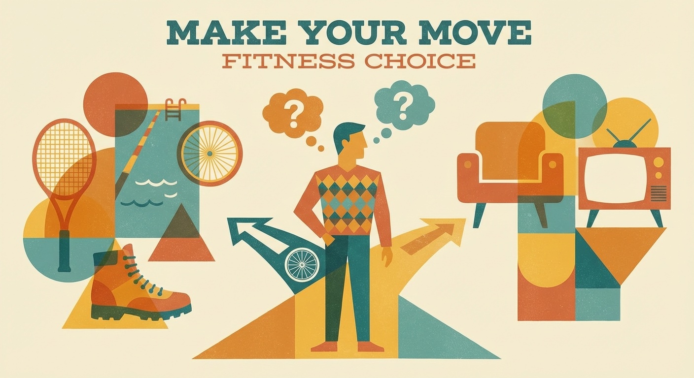 Person choosing between different sports in mid-century modern illustration style