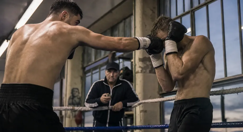 Two boxers working range and footwork in a realistic boxing gym