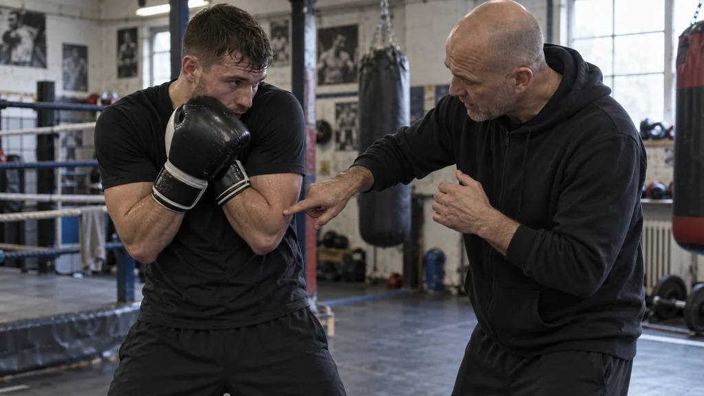Coach pointing out a tucked elbow and high glove position as an adult boxer rehearses a compact body-hook cover in a community boxing gym