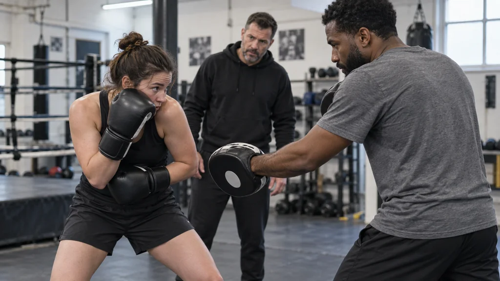 Adult recreational boxer holding a compact body-hook cover as a partner presents a body-height focus mitt during a controlled gym drill