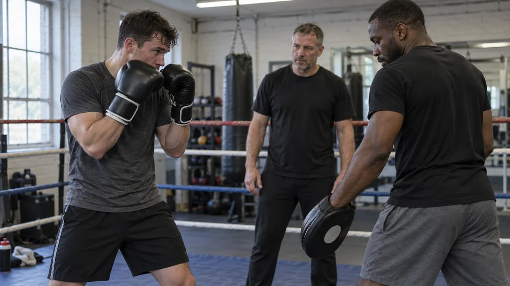 Two adult recreational boxers resetting in balanced guard after a controlled body-hook cover drill while a coach observes