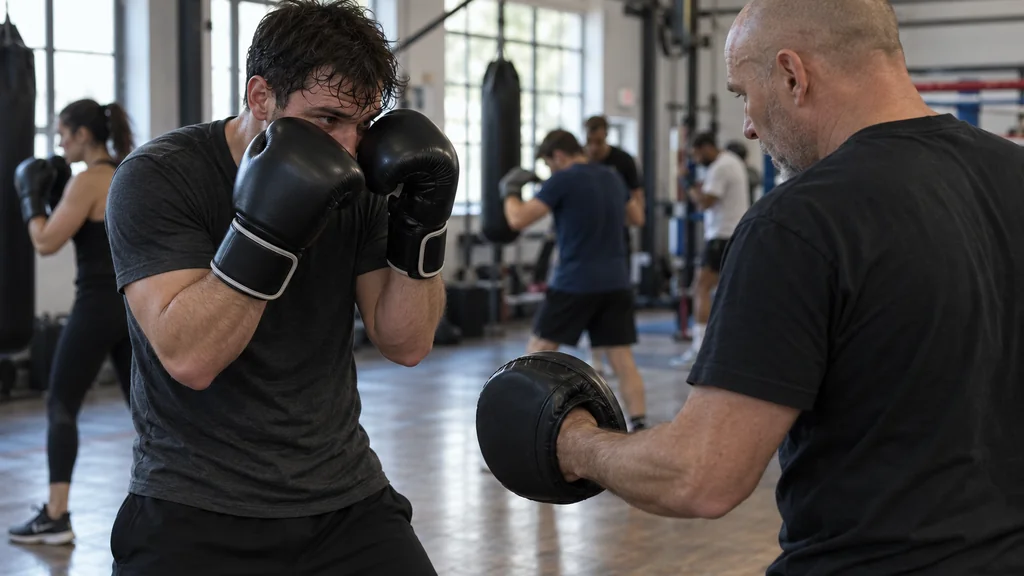 Adult recreational boxer keeping a compact high guard while a coach presents a plain body target during a controlled body-defence drill