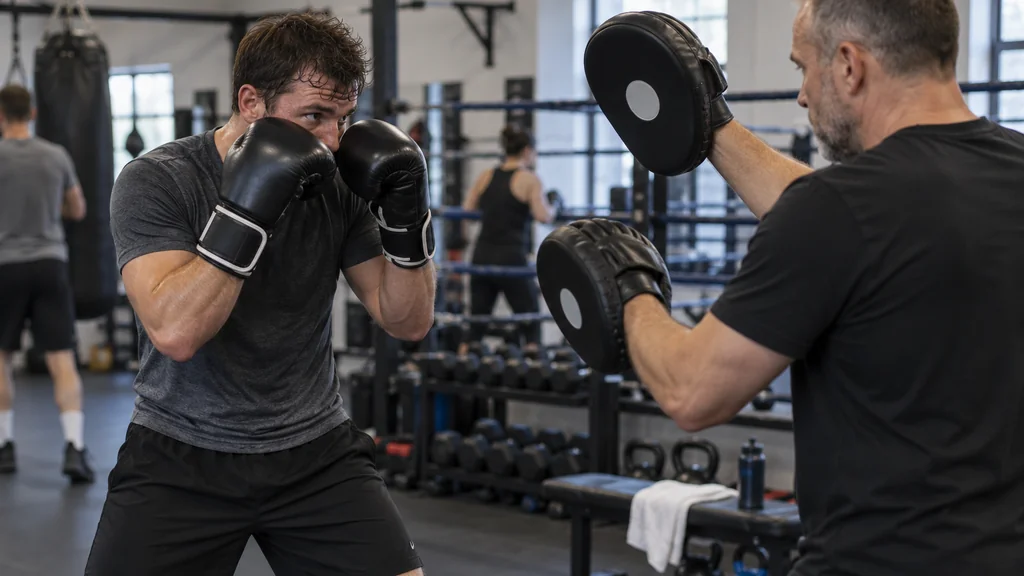 Coach holding two plain focus mitts at head and body level while an adult boxer practises a balanced high-guard adjustment