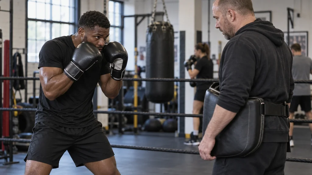 Adult boxer returning to a balanced high guard after a controlled body-defence drill while a coach lowers a body pad