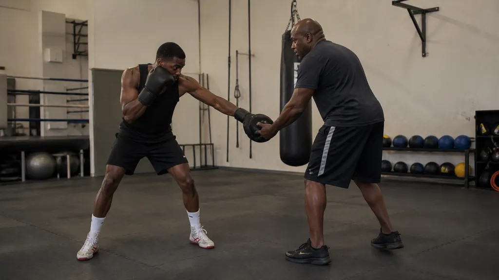 Anonymous adult boxer landing a compact body jab on a coach-held focus mitt in a community boxing gym