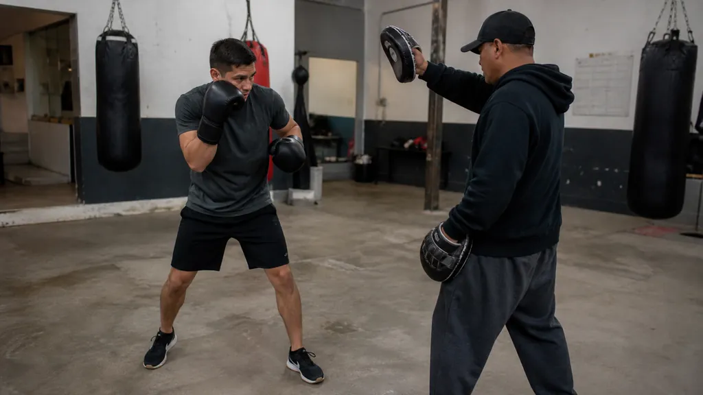 Adult recreational boxer using knee bend rather than a forward fold to touch a body-height shield during a coached drill
