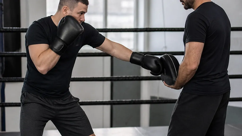 Two anonymous adult boxers practising a slow body-jab and guard-reset drill under a coach's supervision