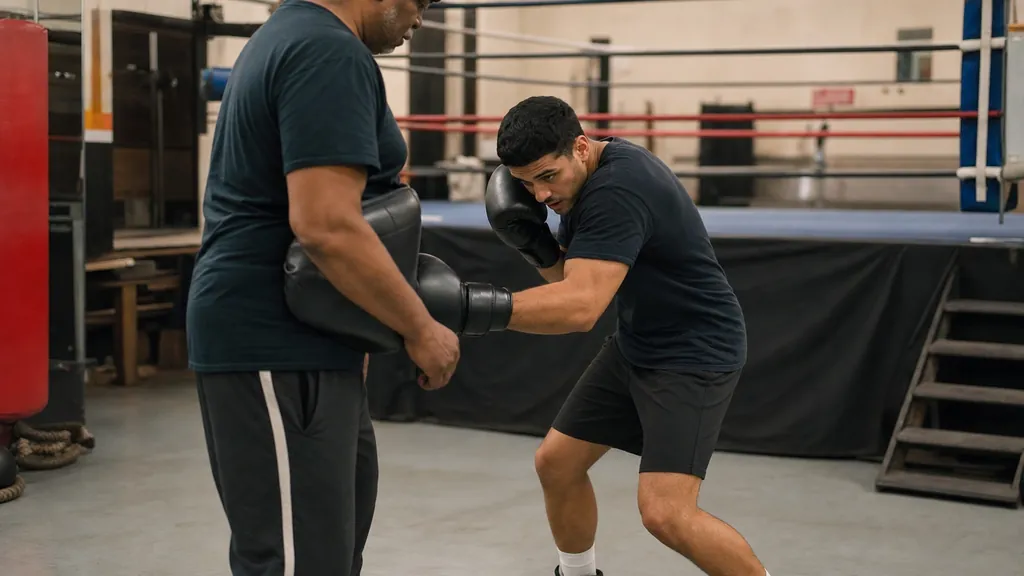 Coach holding a body-level pad while an adult boxer practises precise body-shot placement