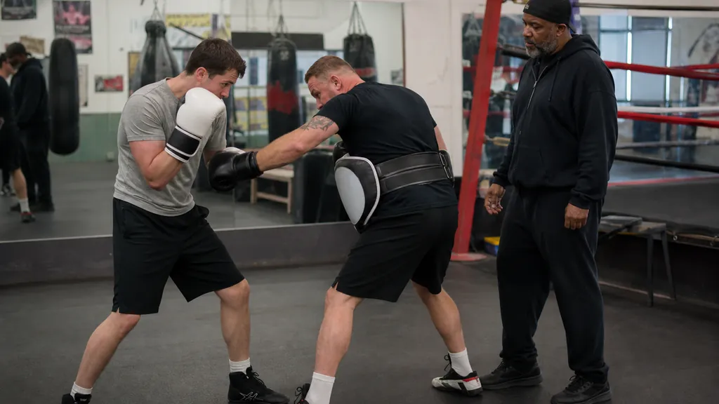 Adult boxer lowering slightly into a controlled body-shot pad drill with the opposite hand protecting the chin