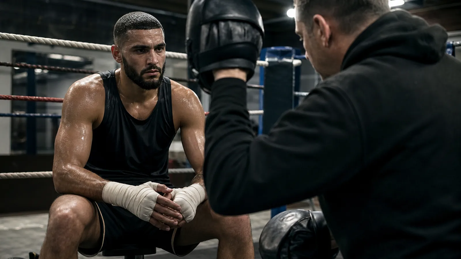 Boxer being checked by a coach before a disciplined training session