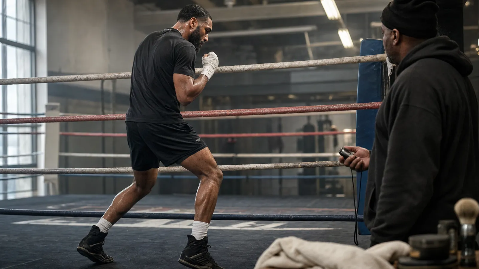 Focused boxer staying composed during fight-week style preparation