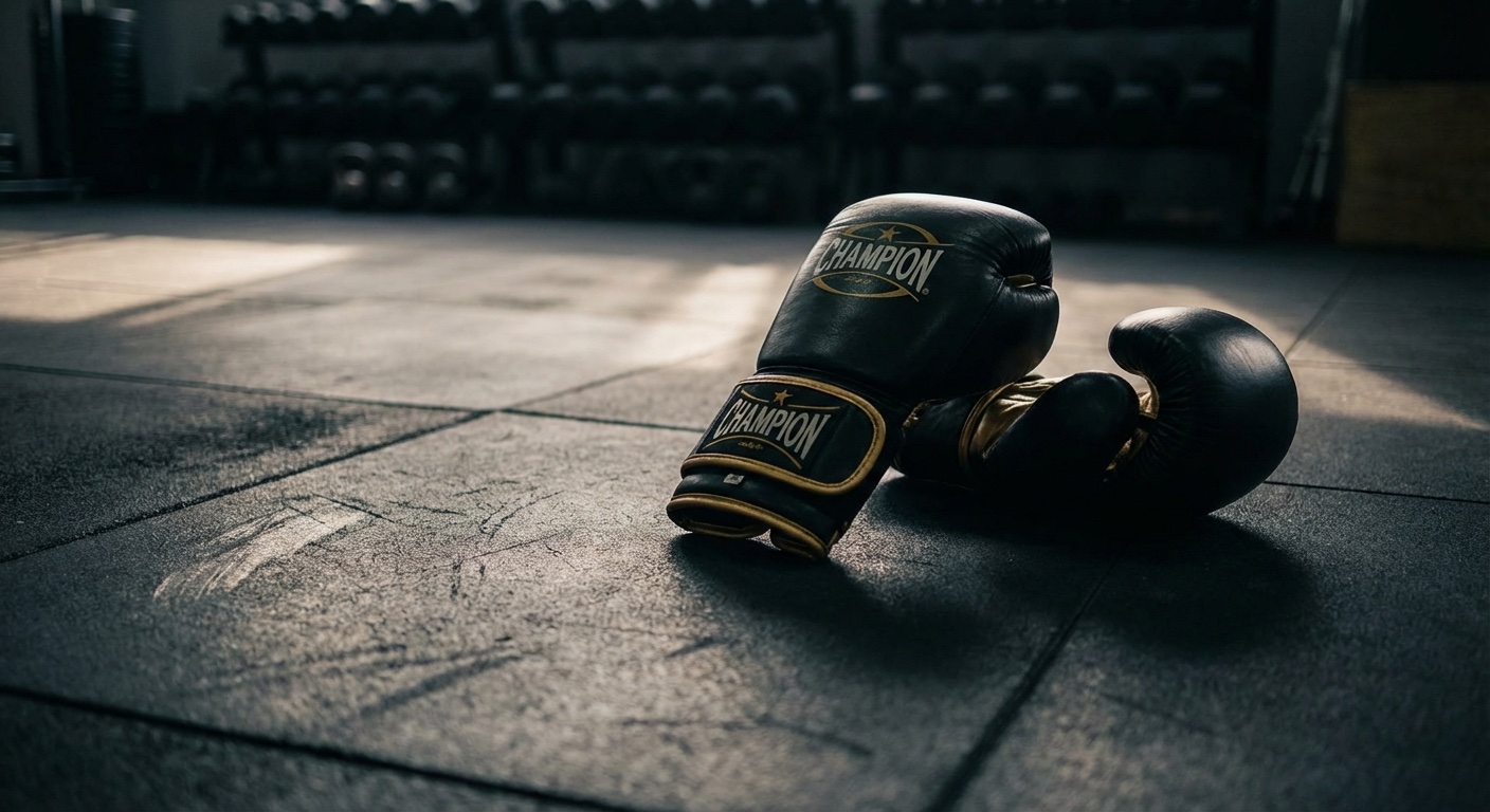 A pair of boxing gloves resting on a gym floor with dramatic black and gold lighting