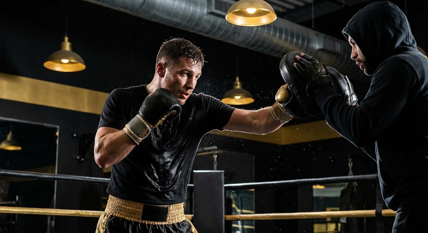 A boxer training on pads with a coach in a dark gym with gold-toned lighting