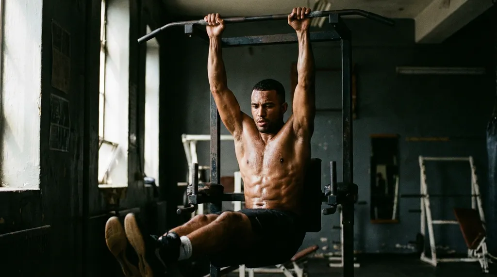 Boxer doing hanging leg raises in a dark gym