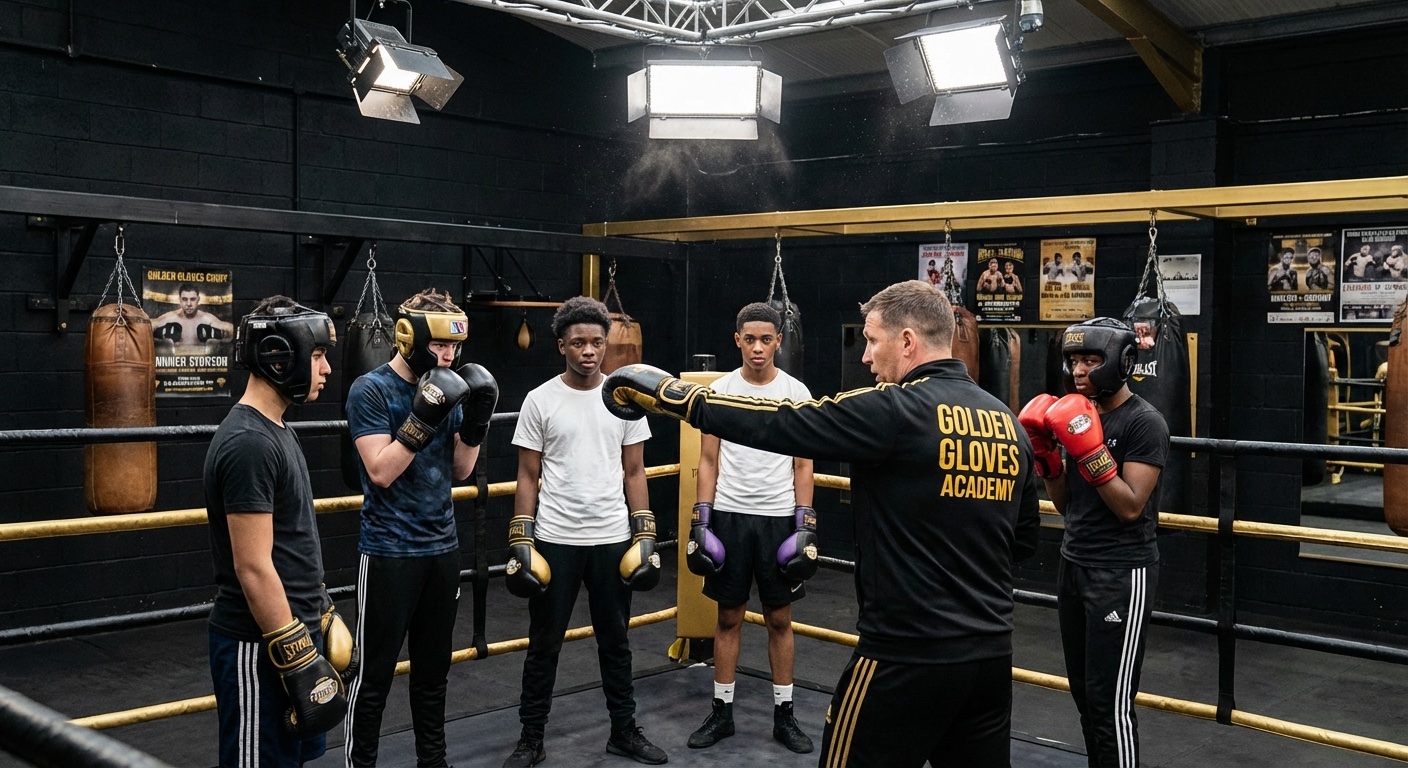 Young boxers training together in a structured class with coaches watching