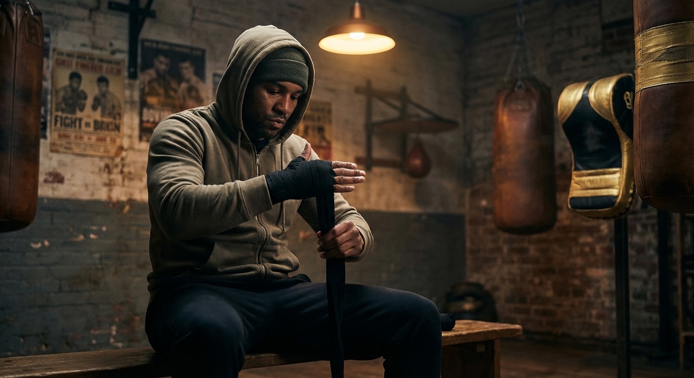 An adult boxer wrapping hands before a session, calm and focused in a dimly lit gym