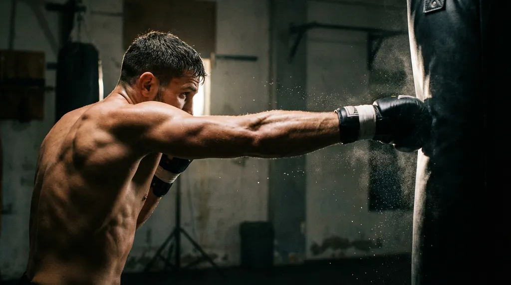 Boxer throwing a straight cross showing tricep and deltoid engagement