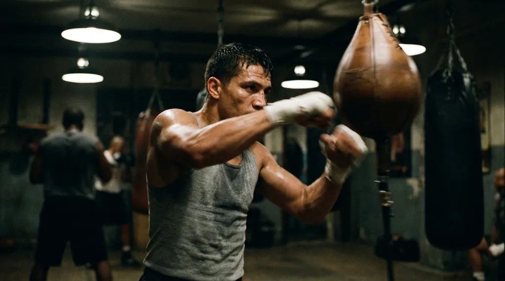 Boxer doing speed bag work showing shoulder and arm definition