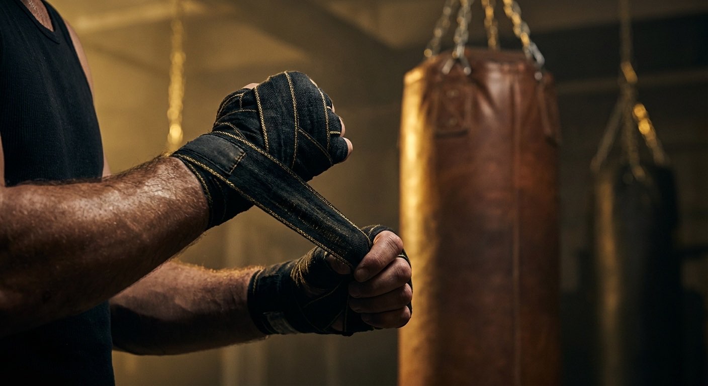 Hands being wrapped before heavy bag work in a boxing gym