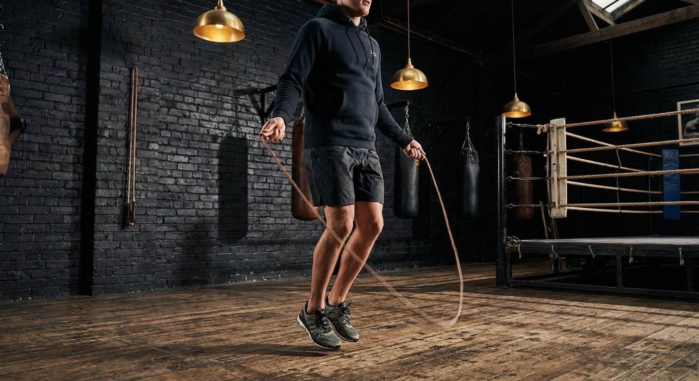 Boxer skipping rope in a dark gym with gold lighting