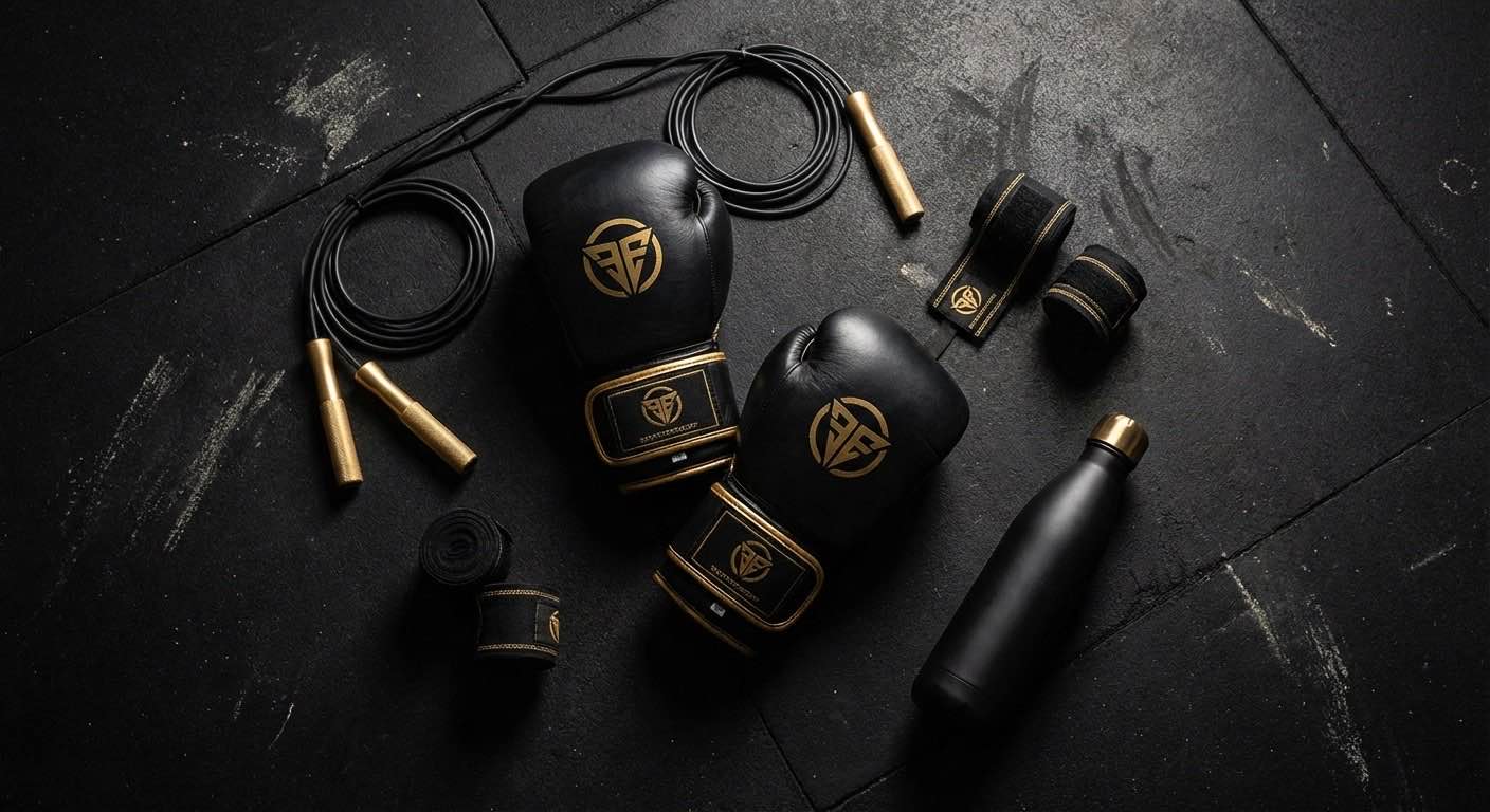 Boxing equipment laid out on a dark gym floor with gold accented gloves