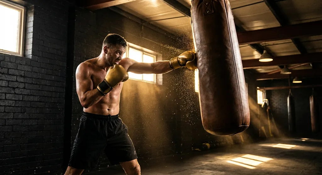 A boxer in a dimly lit gym hitting the heavy bag with power, black and gold lighting