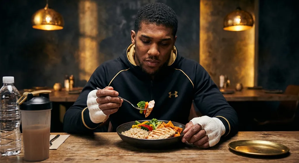 A boxer eating a healthy meal rich in complex carbohydrates and protein, black and gold aesthetic