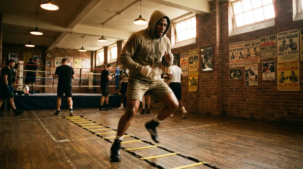 Boxer doing footwork drills on a gym floor
