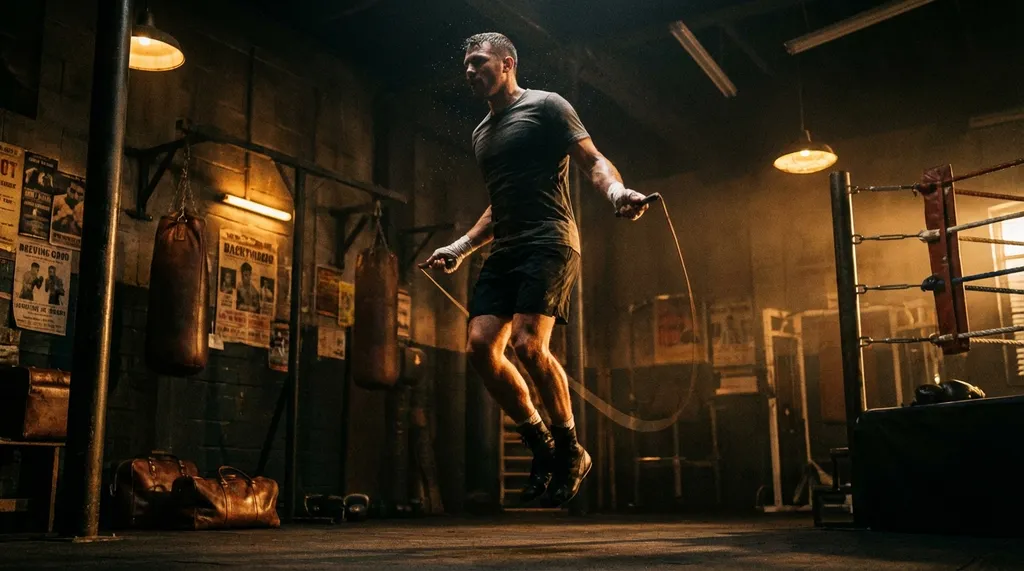 Boxer skipping rope in a dark gym, calves engaged